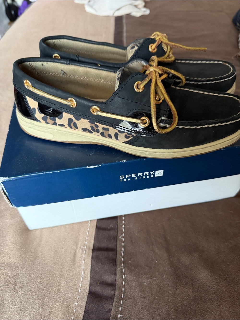 Sperry Black Leather Boat Shoes with Leopard Accent and Tan Laces